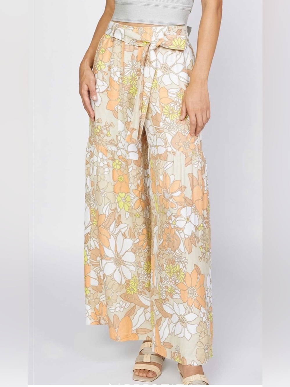 Current Air Sand Floral Linen Blend Wide Leg Tiered Pants Small